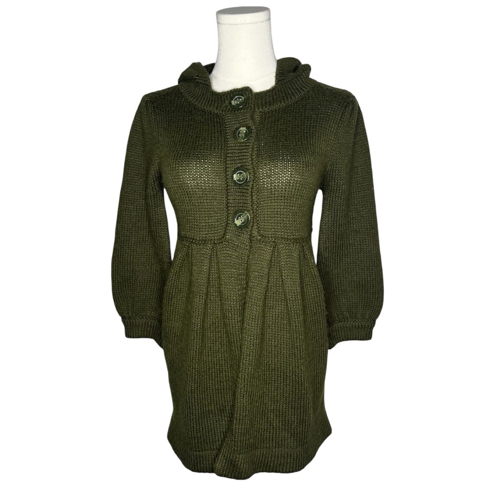 Y2K Vintage Forever 21 Olive Green Wool Blend Hooded Babydoll Cardigan Sweater